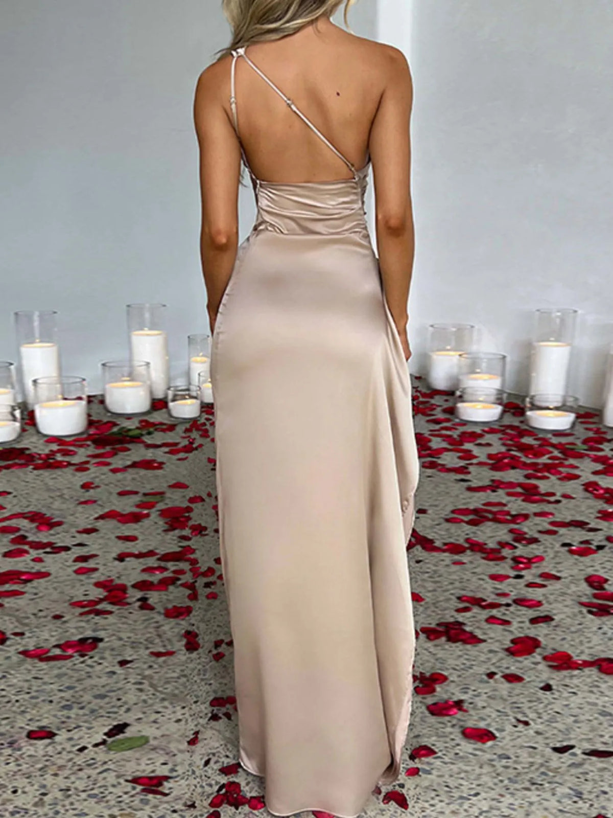 one shoulder satin dress with high slit side view