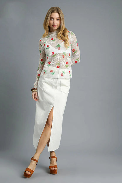 Umgee Floral Mock Neck Long Sleeve Sheer Top - Fashorio