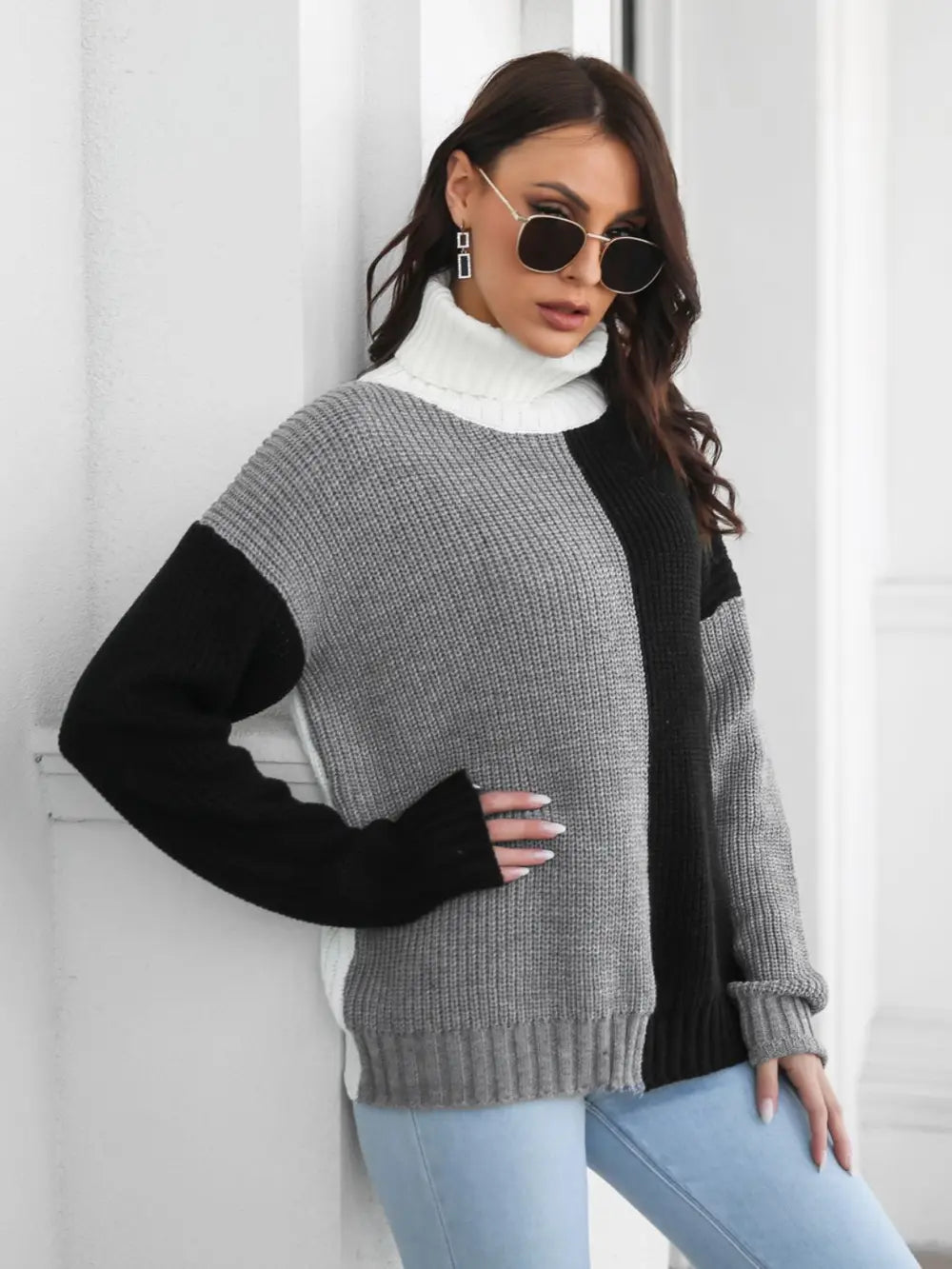 Contrast Turtleneck Long Sleeve Sweater - Fashorio