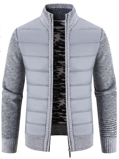 Men's Plus Size Quilted Knit Bomber Jacket with Stand Collar Light Gray - Fashorio