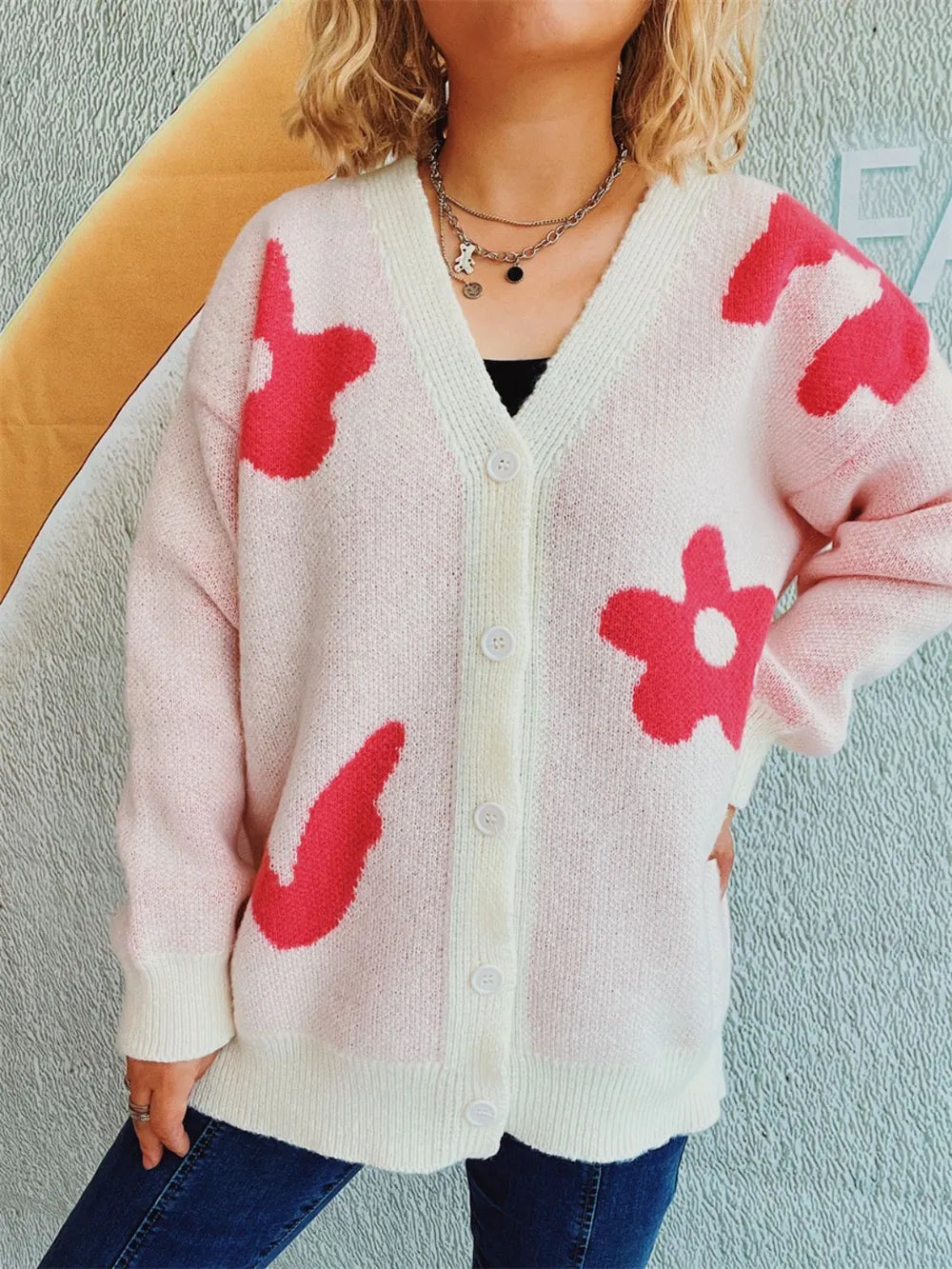 Flower Button Down V-Neck Long Sleeve Cardigan - Fashorio