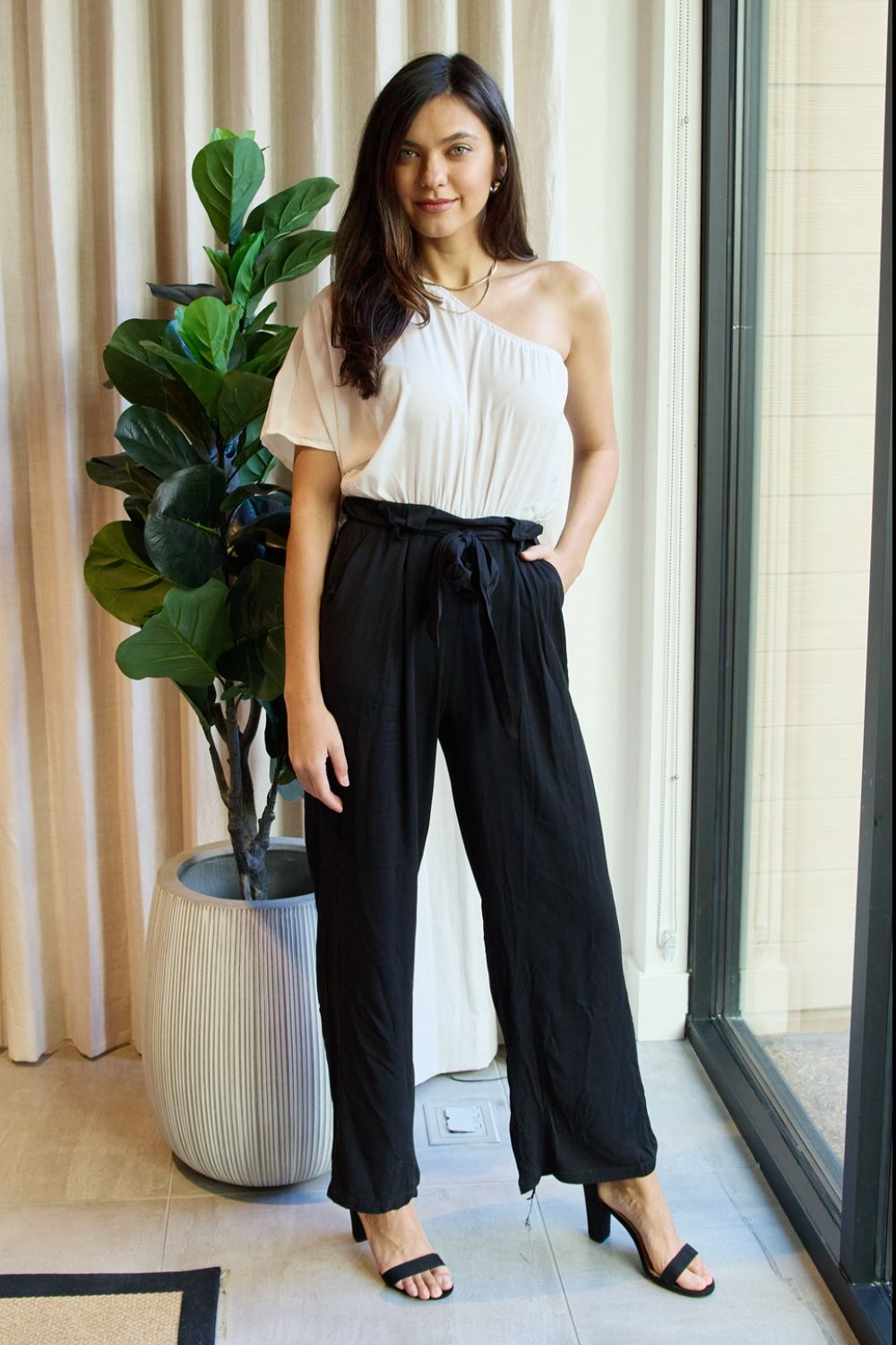 One Shoulder Jumpsuit in White and Black