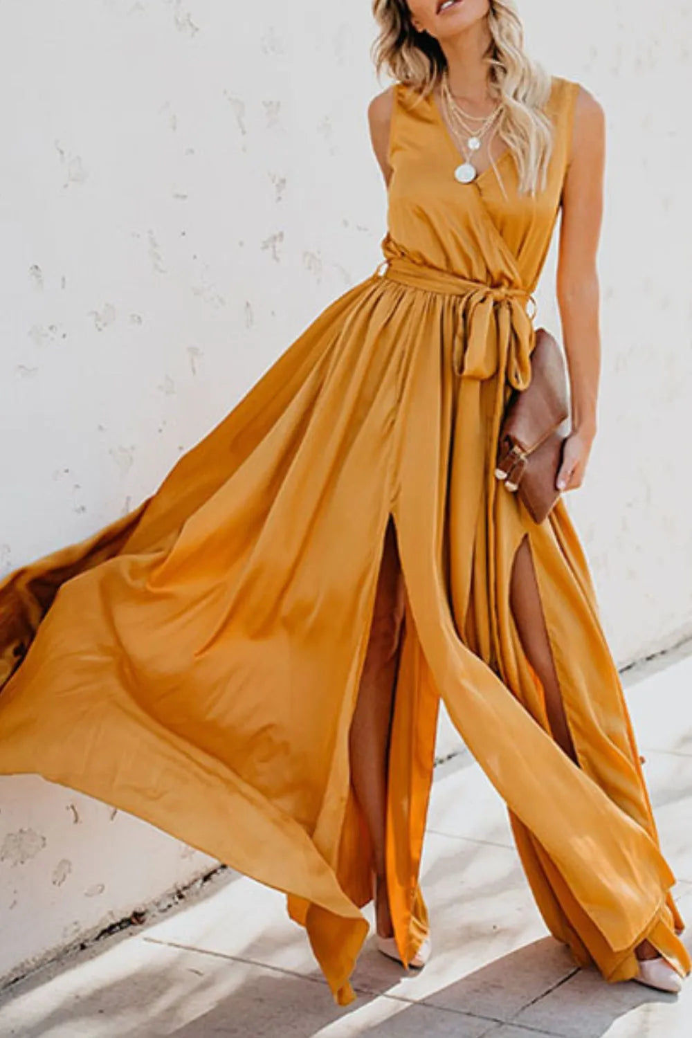 Surplice tie waist maxi dress side view