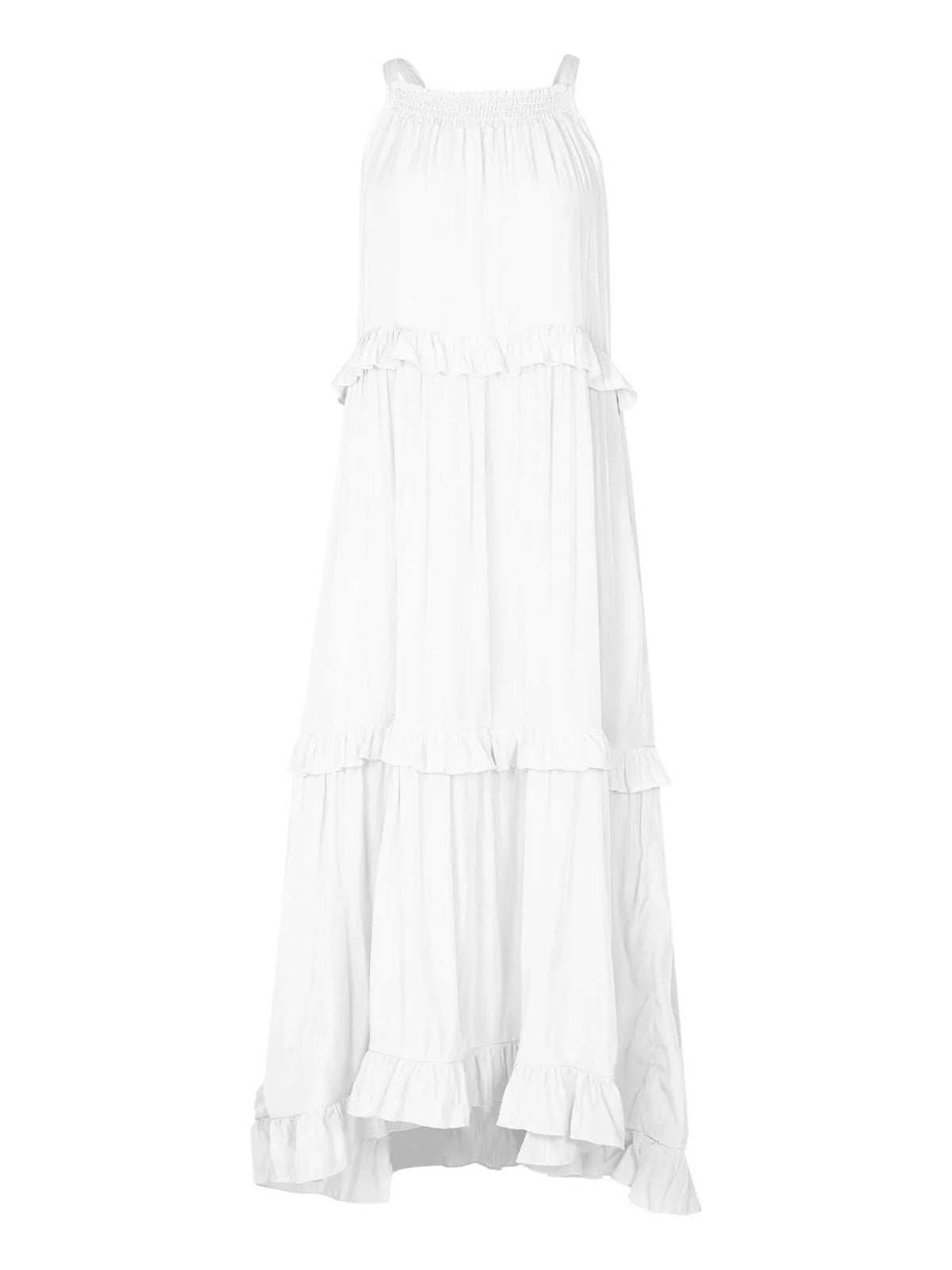 Ruffled tiered sleeveless maxi dress styled view
