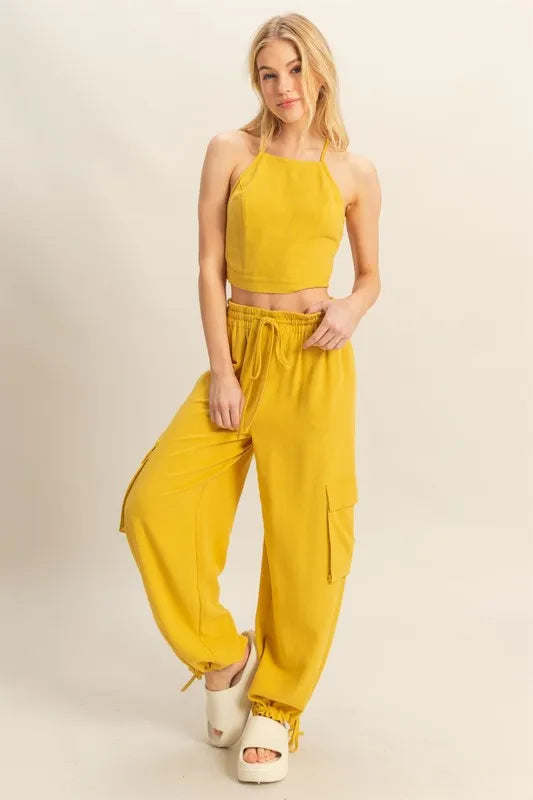 HYFVE Crop Top and Cargo Pants Set MUSTARD - Fashorio