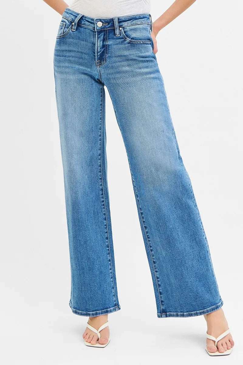 RISEN Plus Size Low Rise Wide Leg Jeans – Stretch Denim Medium - Fashorio