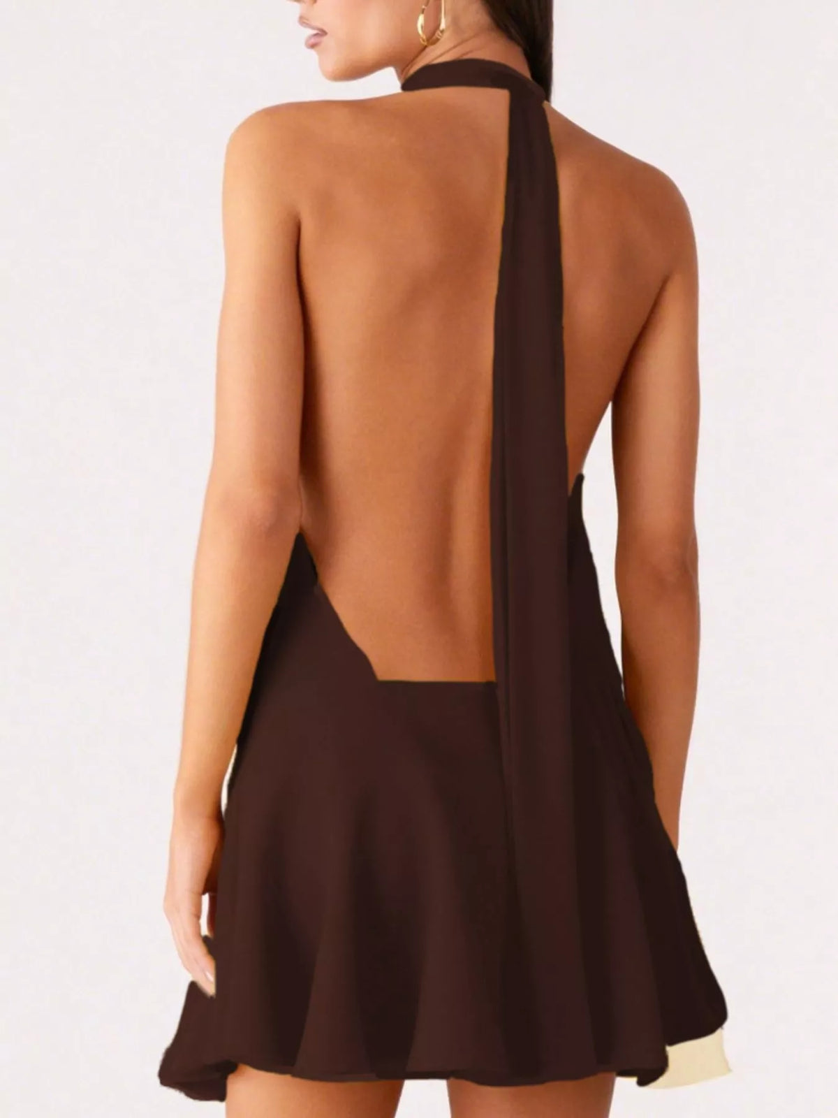 Backless halter dress shown in chocolate brown