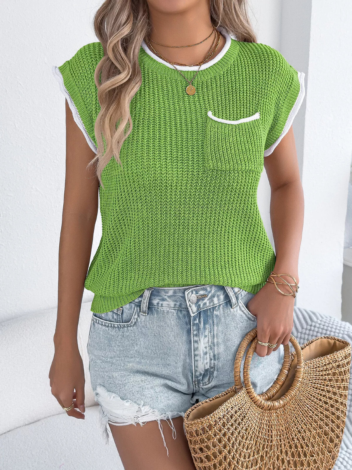 Contrast Trim Round Neck Cap Sleeve Sweater, view 6