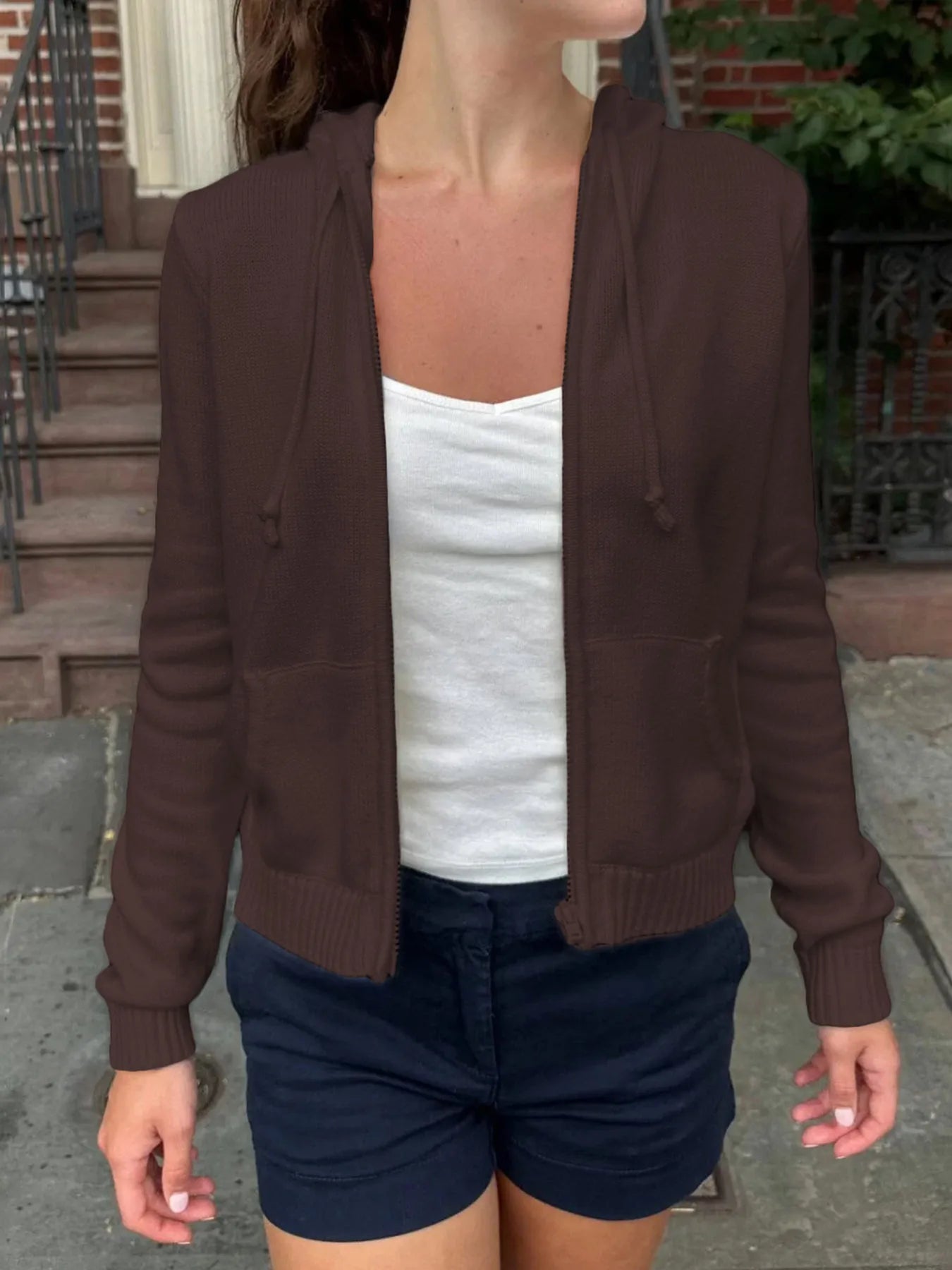 Drawstring Zip Up Long Sleeve Cardigan Coffee Brown - Fashorio