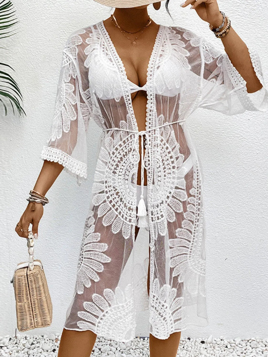 Lace Open Front Longline Cover-Up White One Size - Fashorio