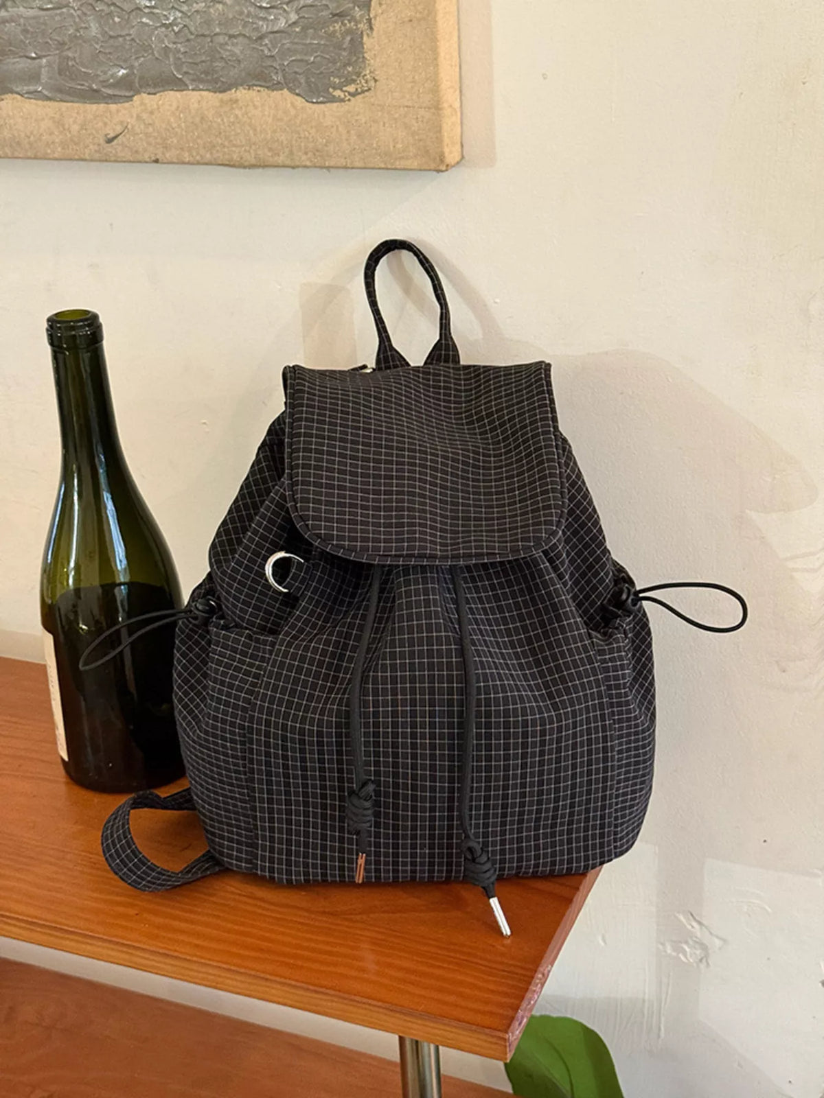 Plaid drawstring canvas backpack drawstring detail