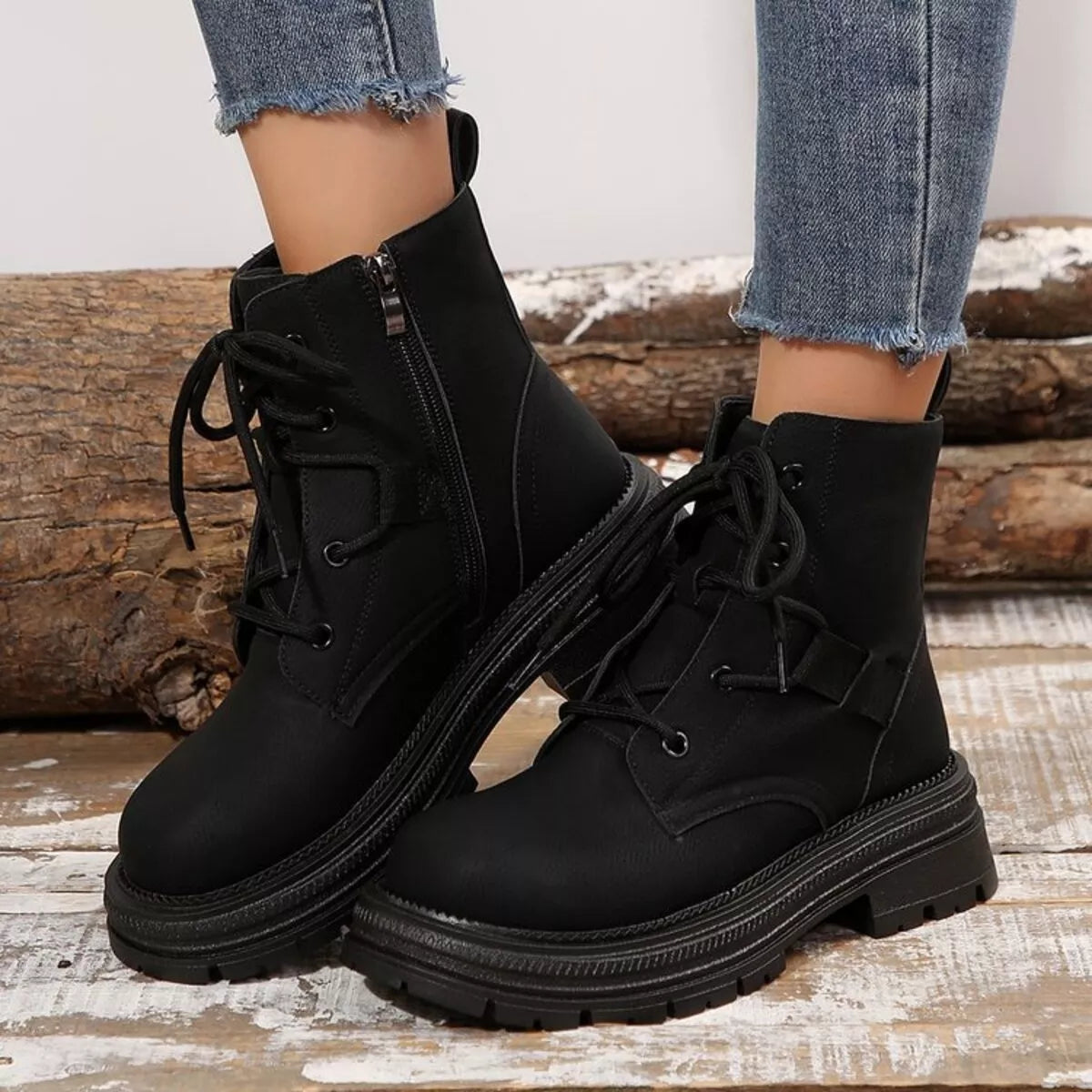 Round toe lace up platform boots back view