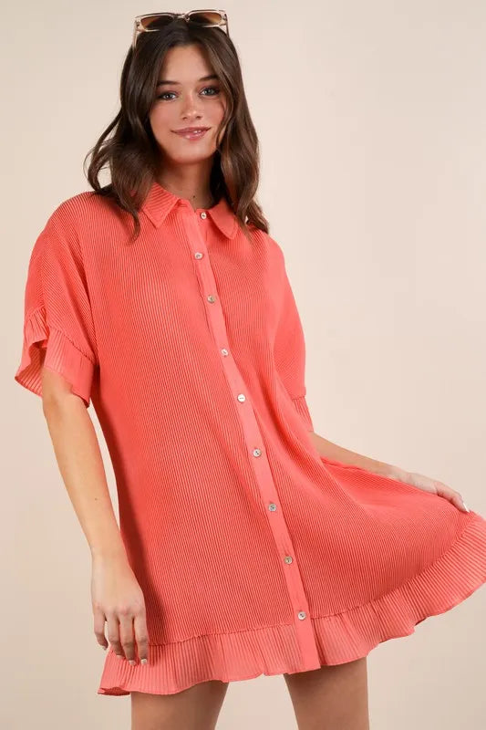 Pleated Button Down Mini Dress in Orange