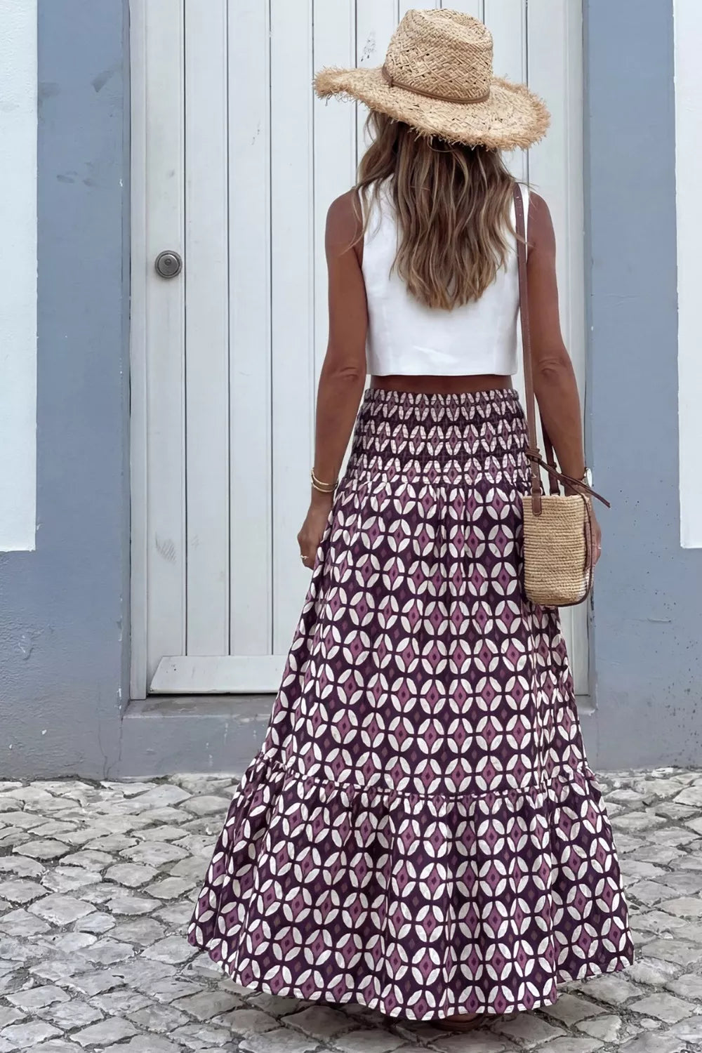 Mauve geometric print maxi skirt full length view