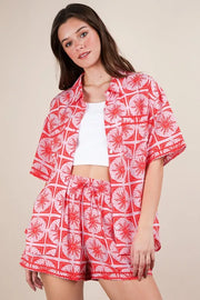 VERY J Full Size Tropical Printed Shirt Top and Shorts Set Plus Size Tomato - Fashorio
