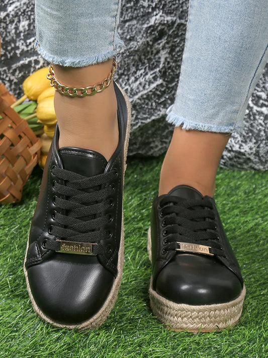 Round Toe Platform Sneakers Black - Fashorio