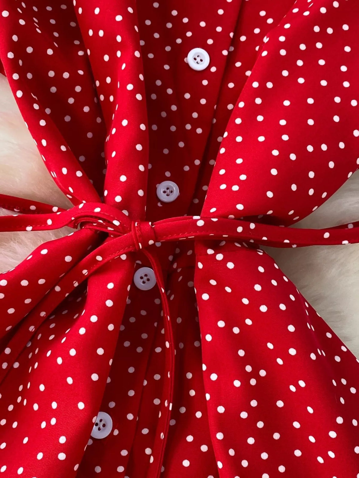 Red polka dot maxi dress belt and button detail