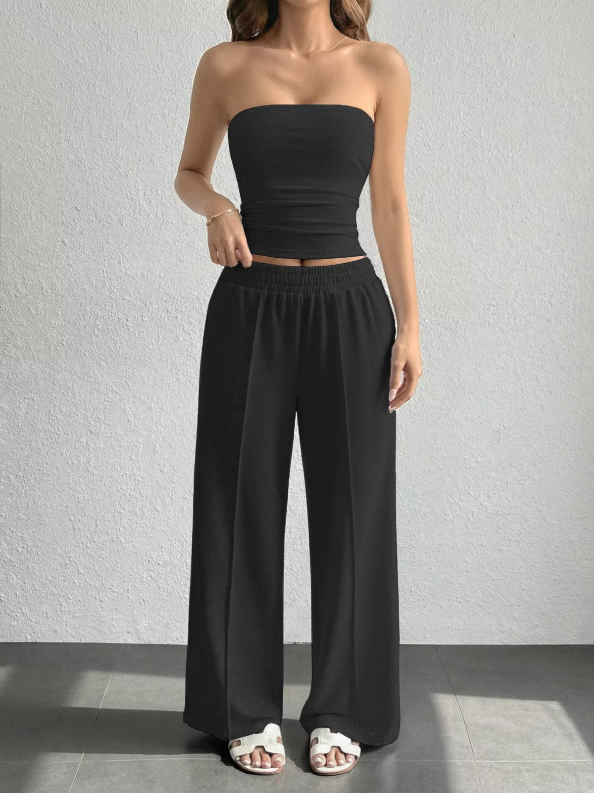 Strapless tube top and wide leg pants set