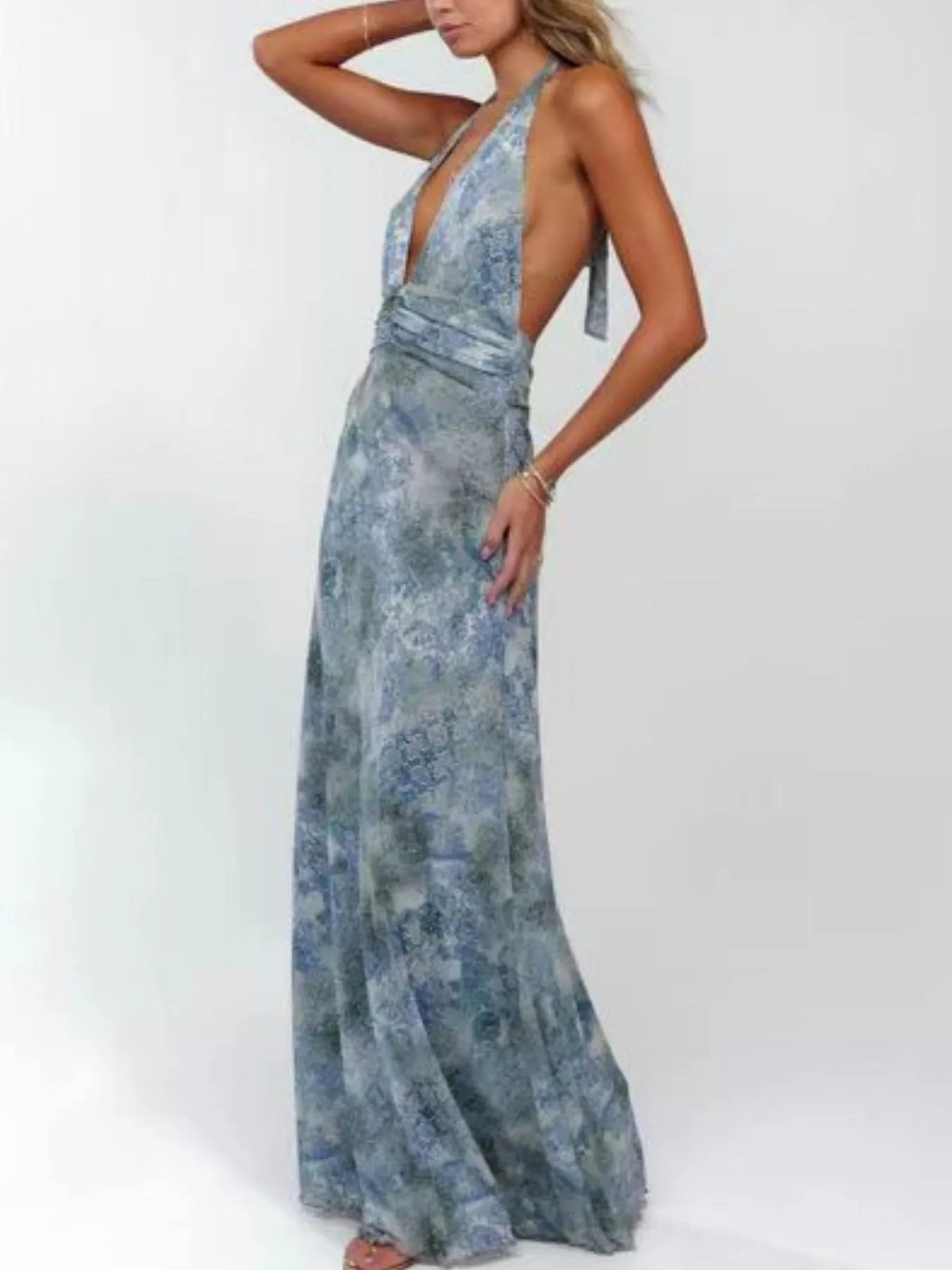 floral halter deep v maxi dress flat lay