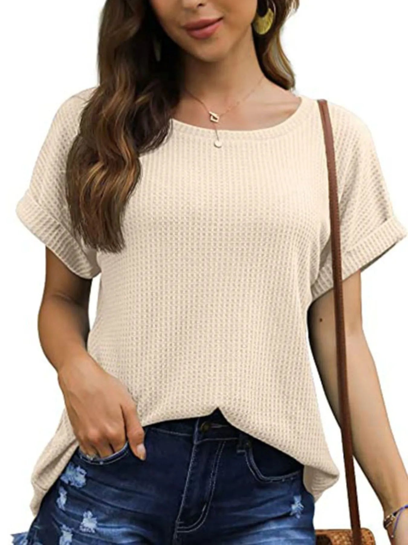 Full Size Waffle Knit Relaxed Fit T-Shirt Plus Size Apricot - Fashorio