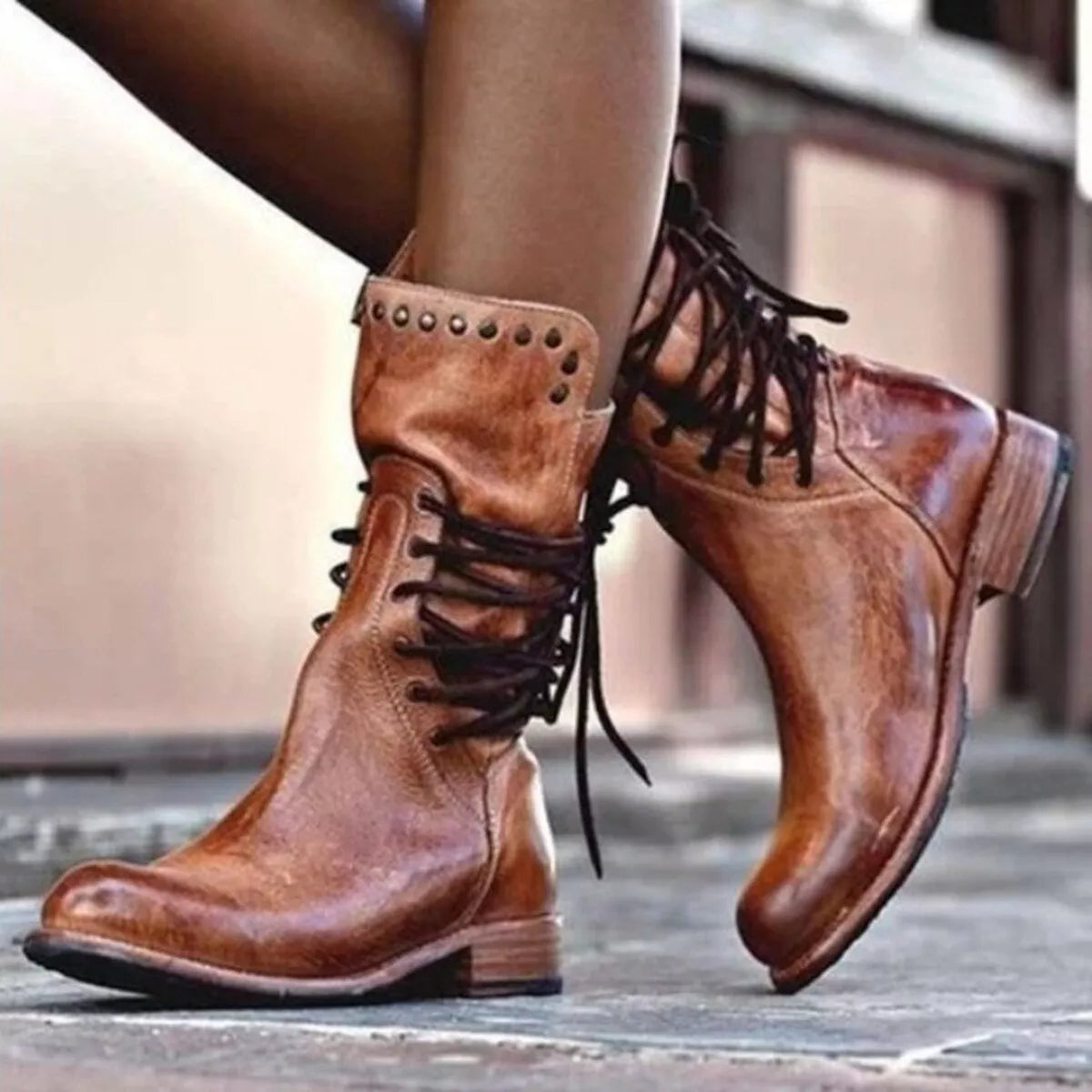 Lace up block heel boots upper close up