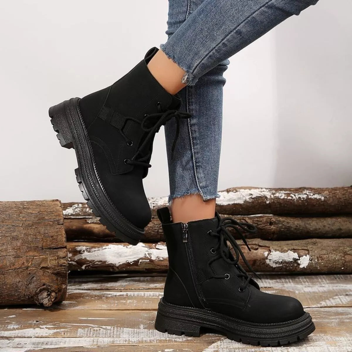 Round toe lace up platform boots pair styled together