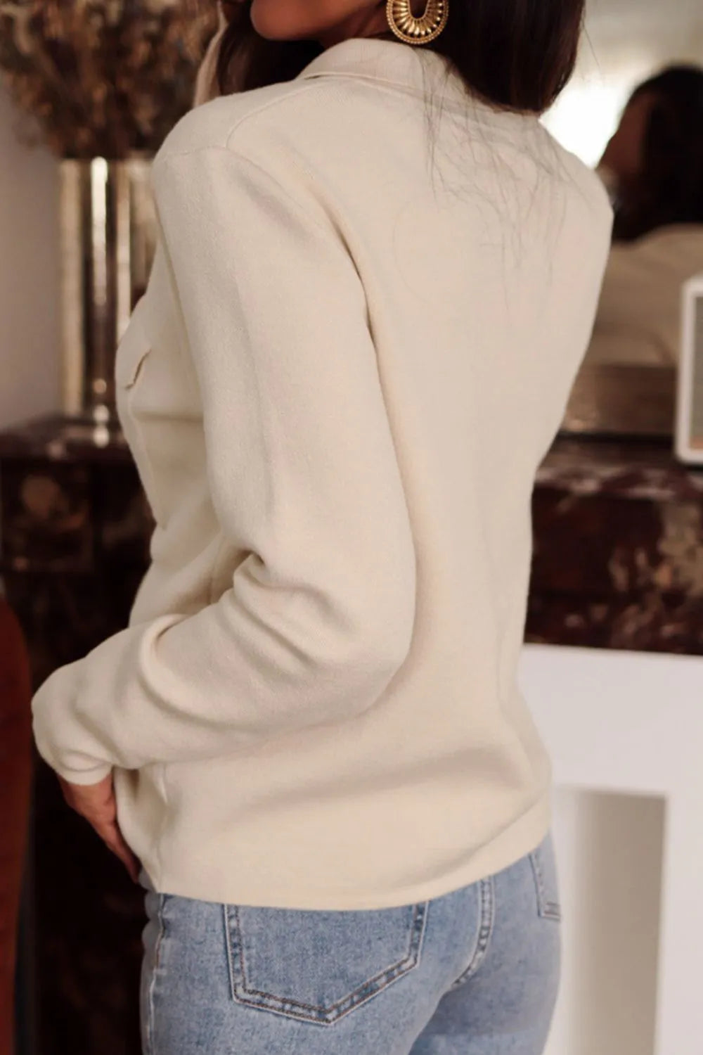 Button Up Long Sleeve Cardigan with Chest Pockets - Fashorio