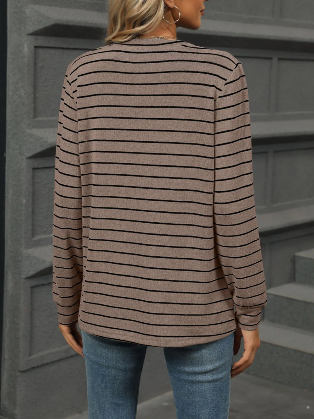 Henley button top styled with jeans