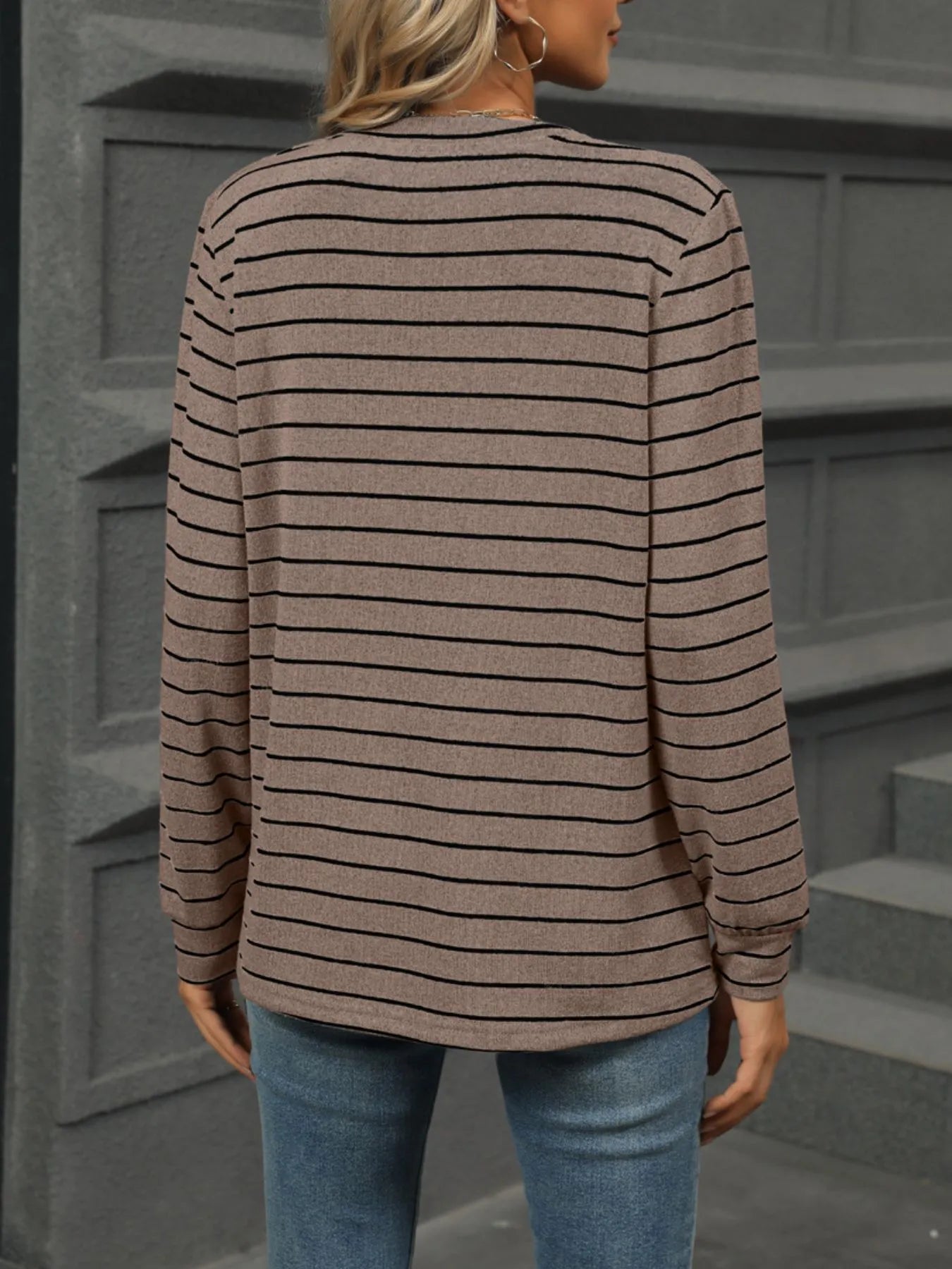 Striped Henley T-Shirt with Button Detail - Fashorio