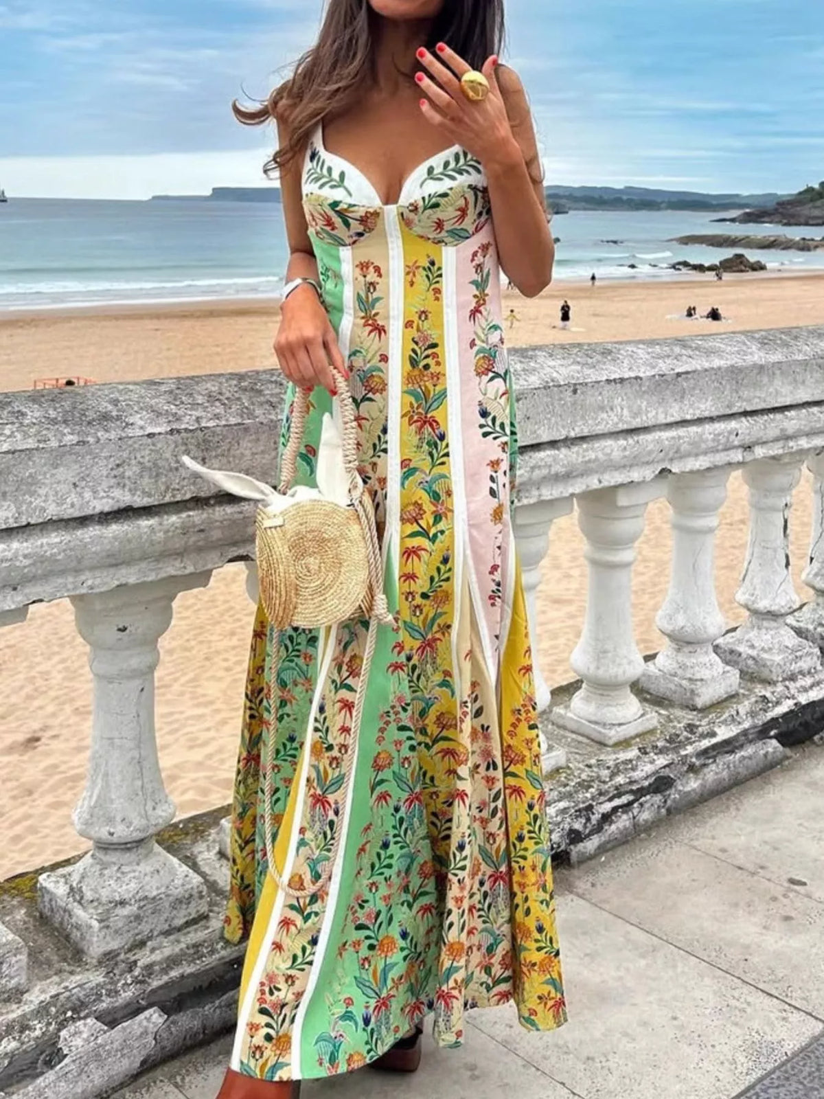 Floral sweetheart neck maxi dress front view