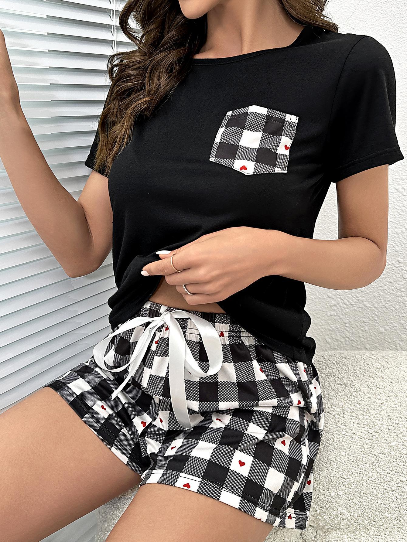 Plaid Heart Top and Shorts Lounge Set - Fashorio