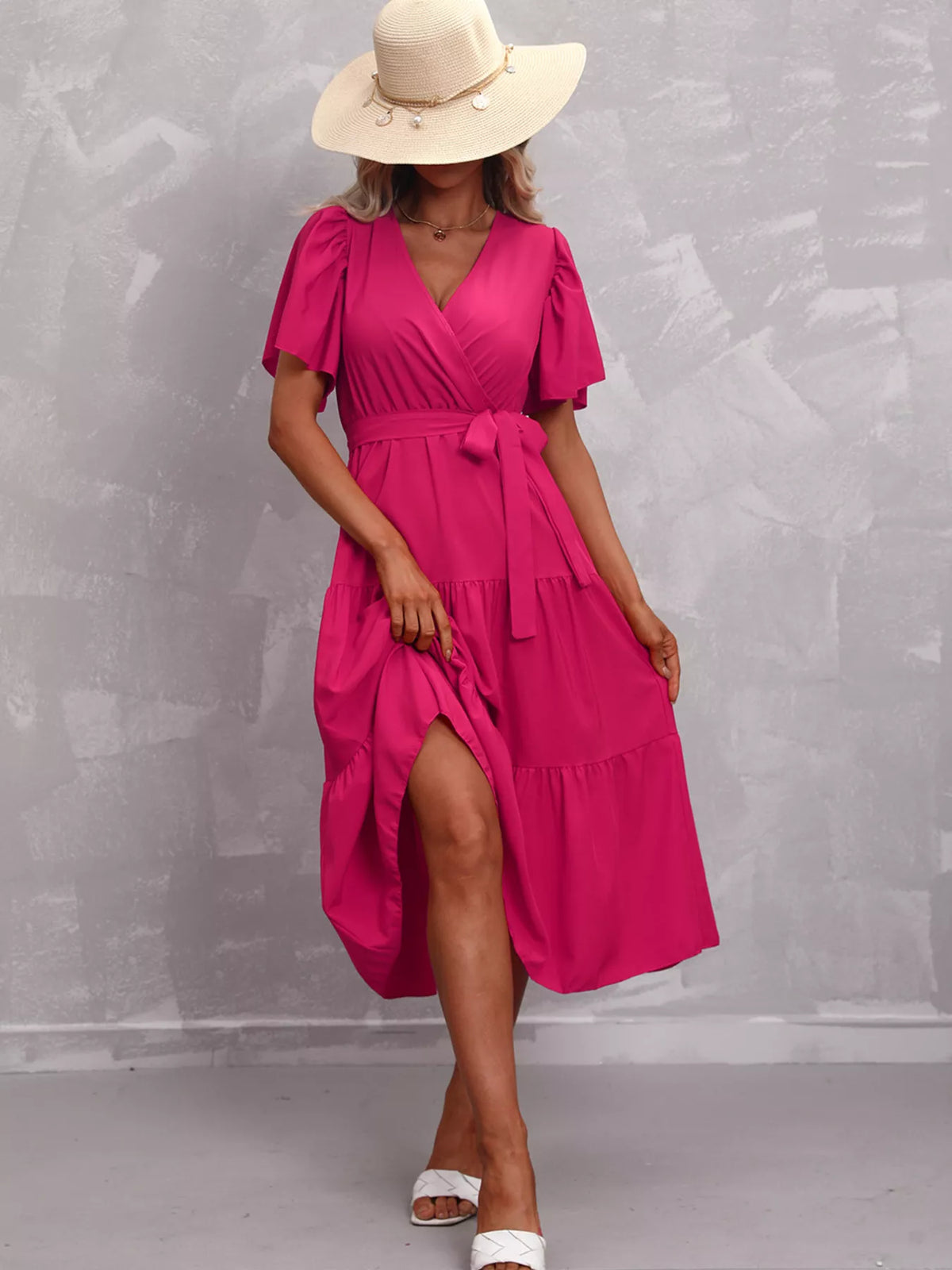 Flutter sleeve tiered midi dress close up view