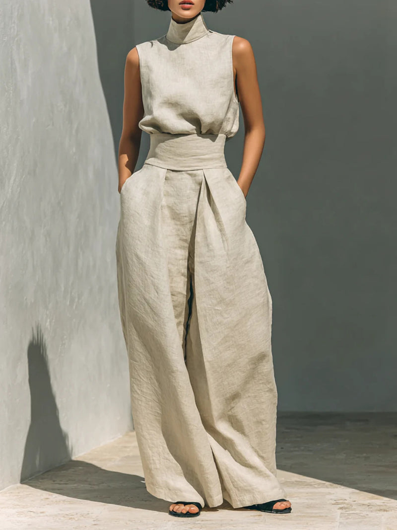 Turtleneck sleeveless top and pants set front view