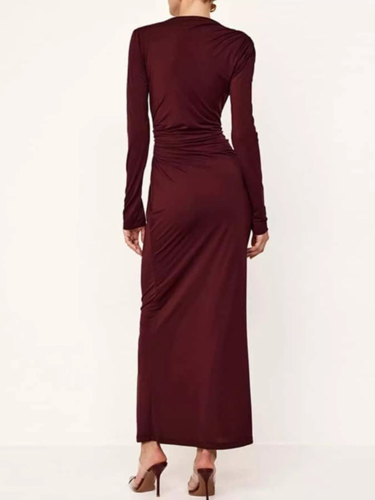 ruched long sleeve bodycon maxi dress three quarter view