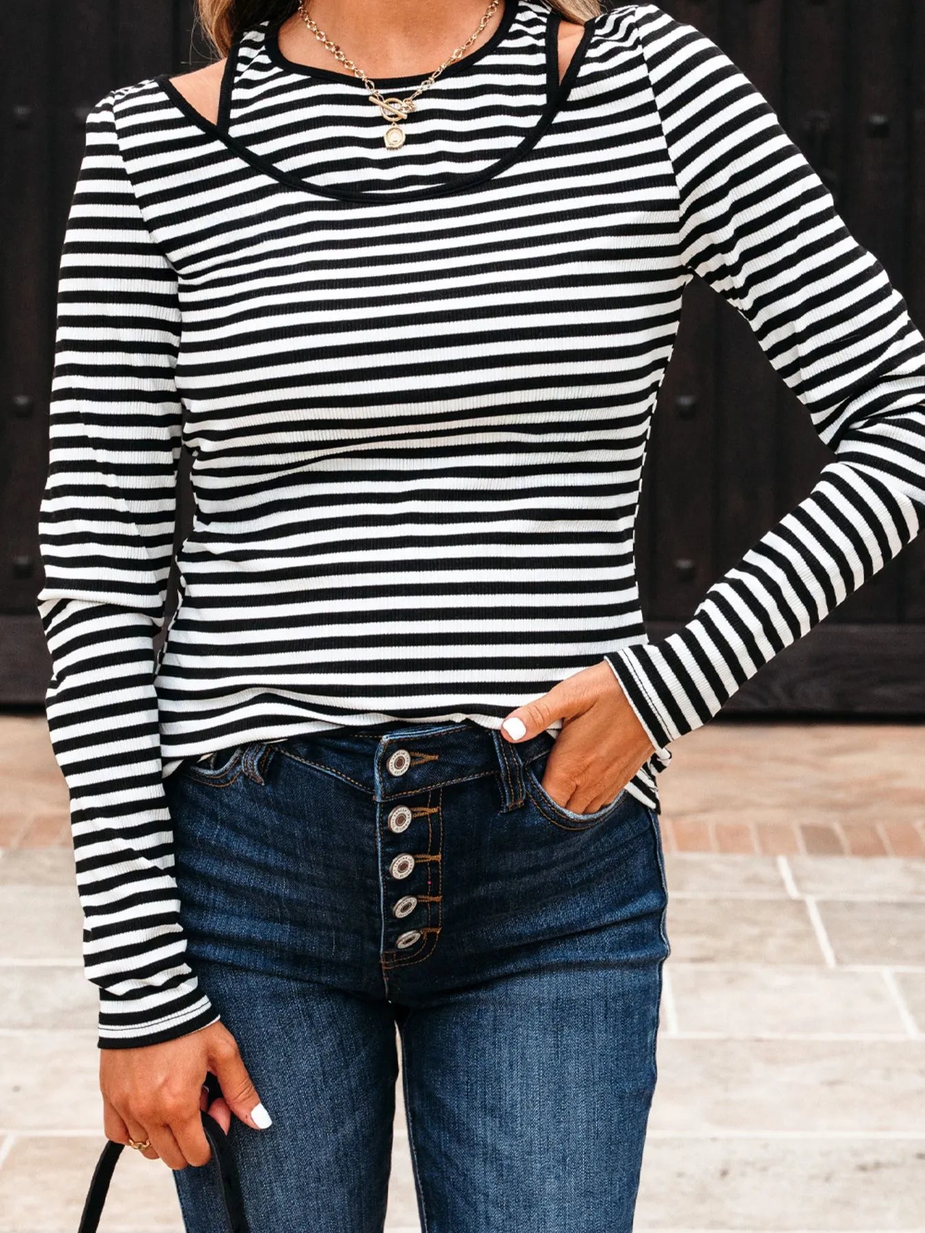 Stripe Double-layer Cold Shoulder Long Sleeve Top - Fashorio