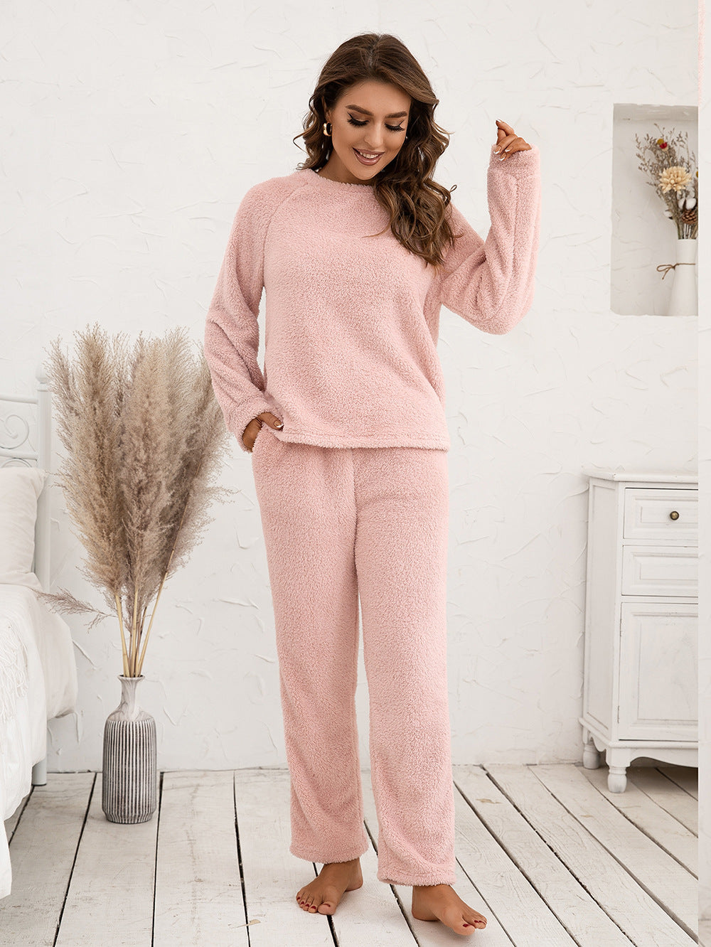 Ivy Lane Teddy Long Sleeve Top and Pants Lounge Set Watermelon pink - Fashorio