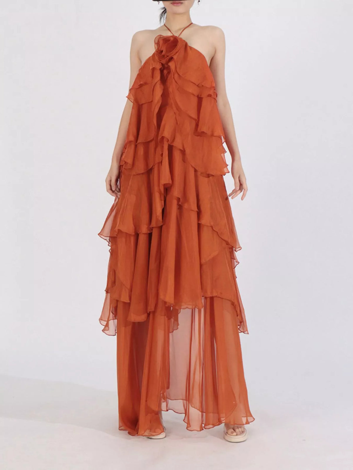 Ruffled chiffon halter neck maxi dress front view