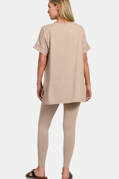 Zenana Full Size V-Neck Rolled Short Sleeve T-Shirt and Leggings Lounge Set - Fashorio