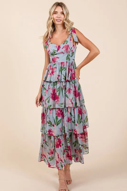 Layered floral maxi dress side view