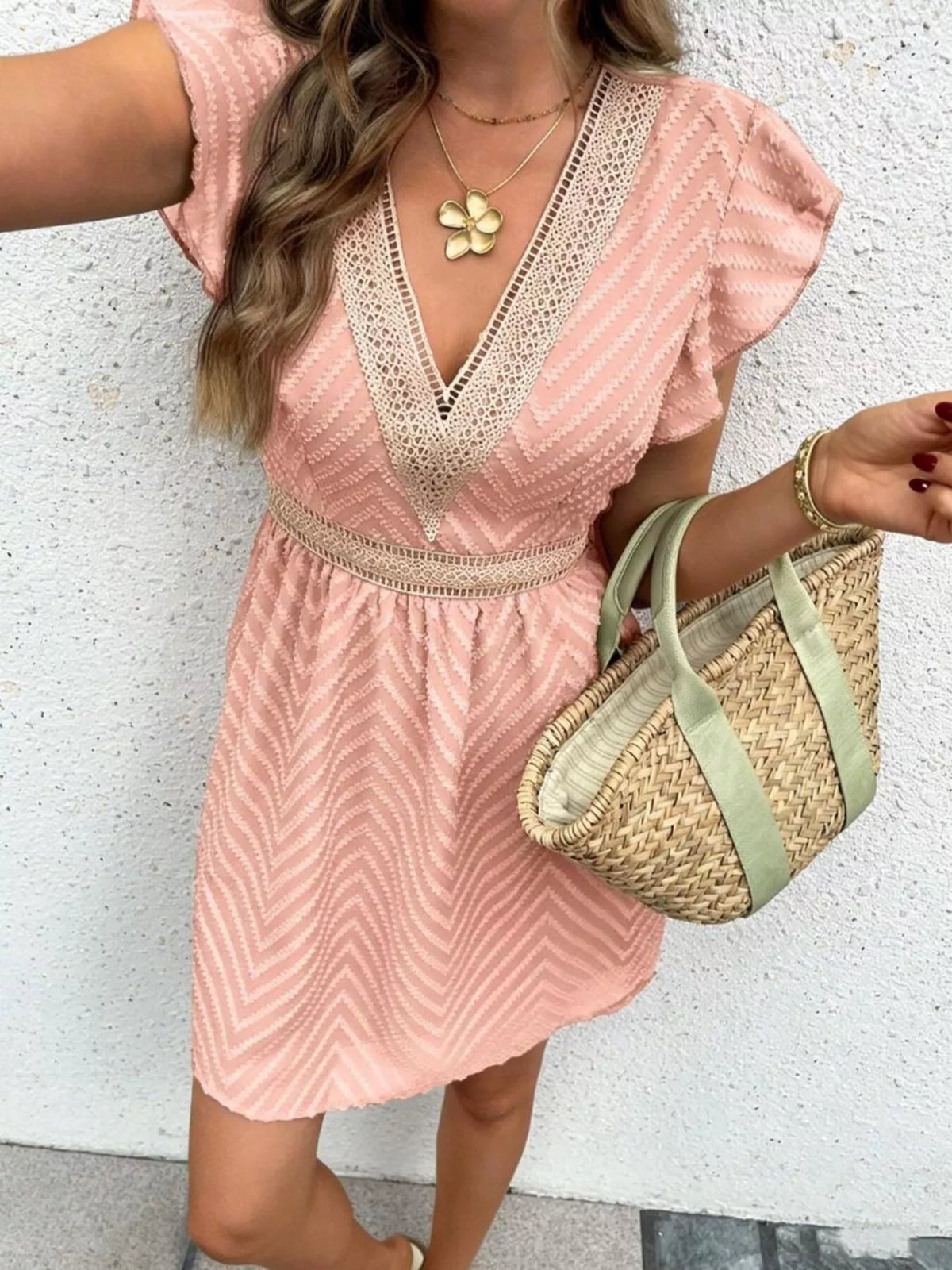 V neck ruffle sleeve mini dress, front view