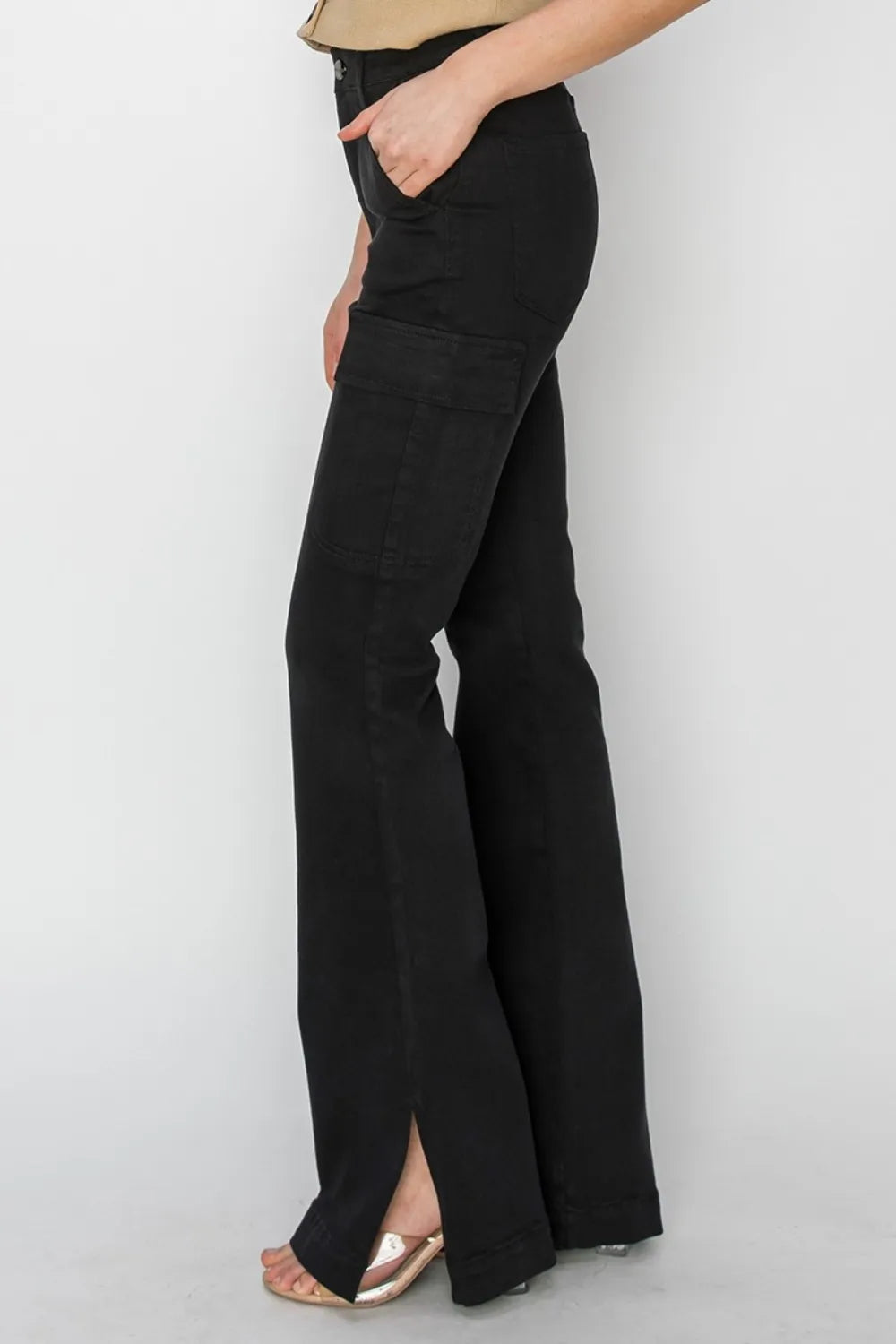 RISEN Full Size High Rise Side Slit Cargo Bootcut Jeans - Fashorio