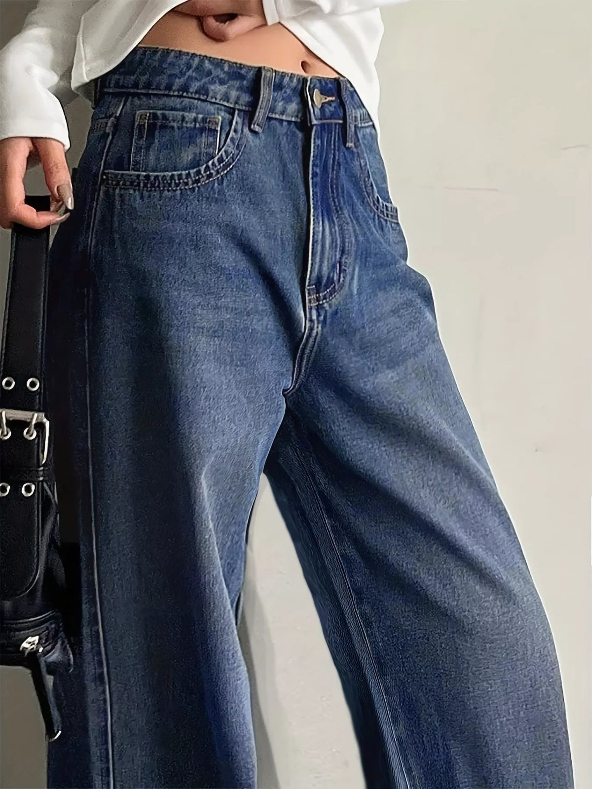 Side view of relaxed wide leg jeans