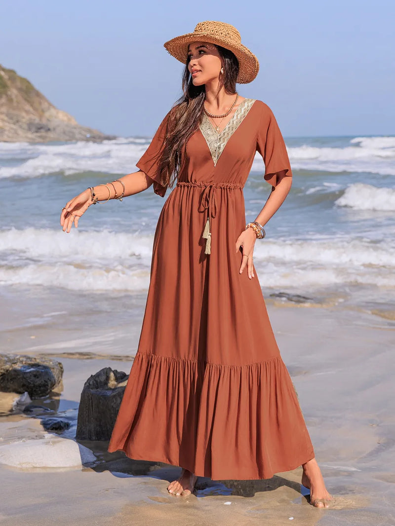 Terracotta ruffled tassel v neck flutter sleeve dress front view