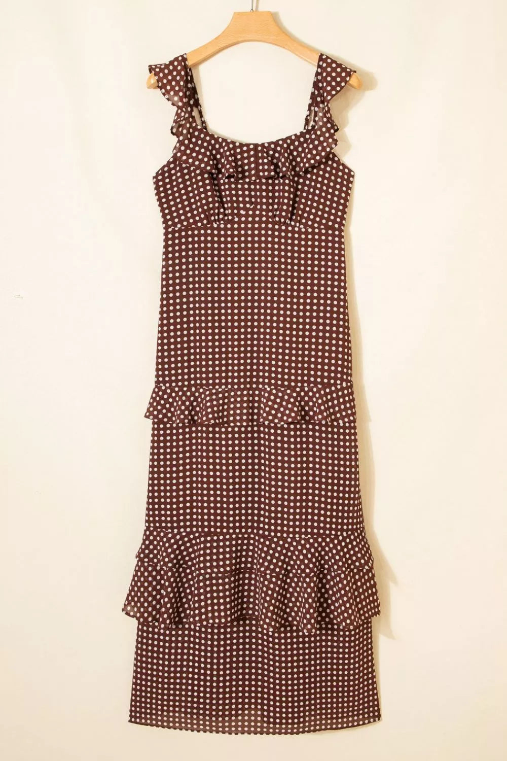 Caramel polka dot backless tiered maxi dress, hemline detail