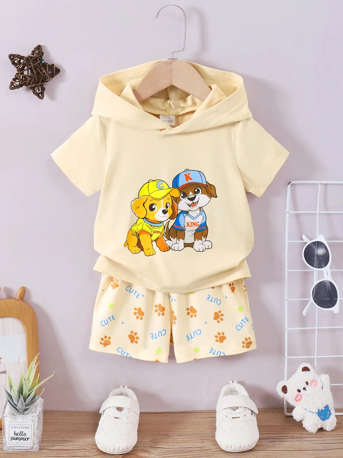 Children's Dog Short Sleeve Hoodie and Shorts Set Pastel Yellow - Fashorio