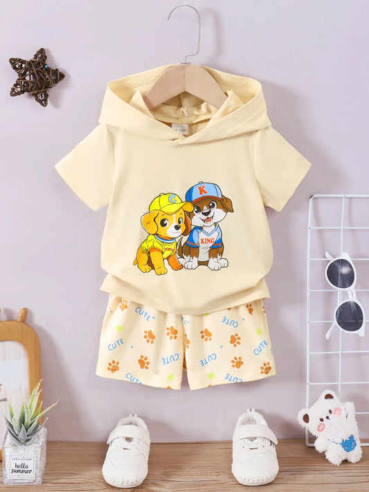 Children's Dog Short Sleeve Hoodie and Shorts Set Pastel Yellow - Fashorio