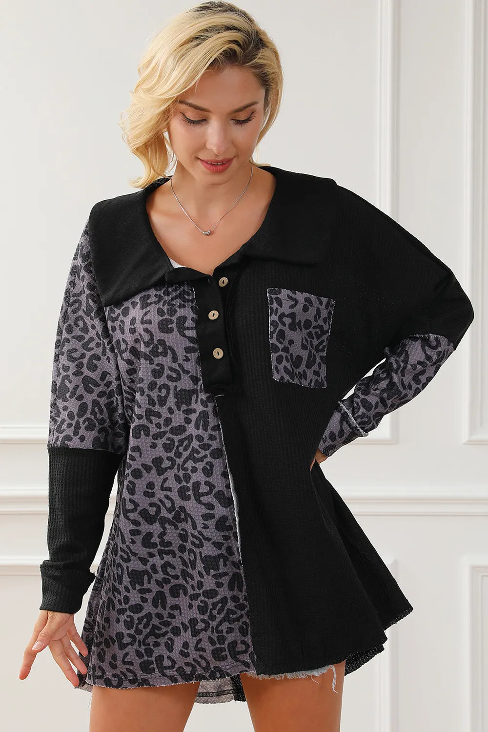 Half Button Leopard Collared Neck Blouse - Fashorio