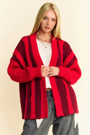 Davi & Dani Cable-Knit Color Block Open Front Cardigan Burgundy - Fashorio