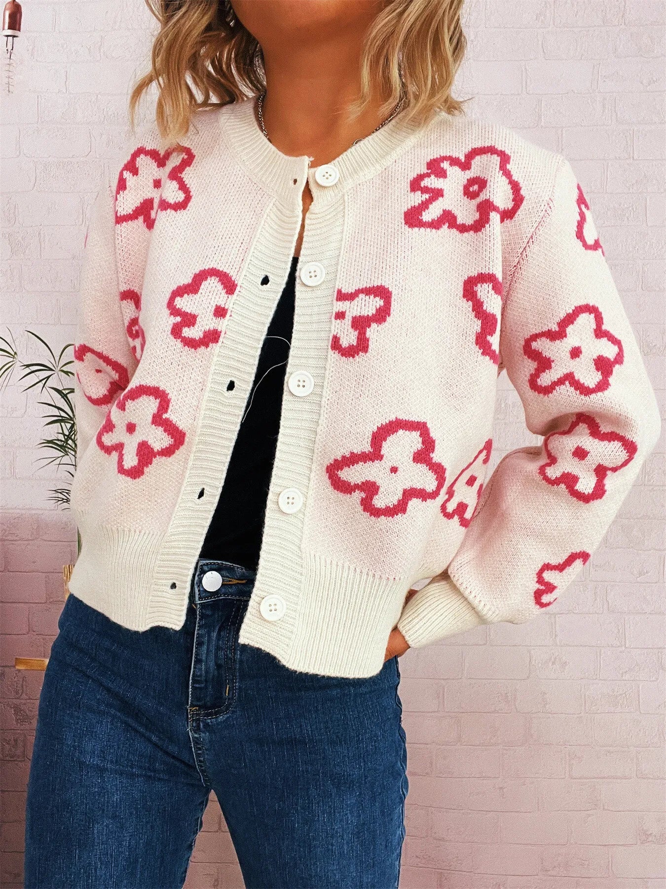 Floral Pattern Button-Up Cardigan - Fashorio