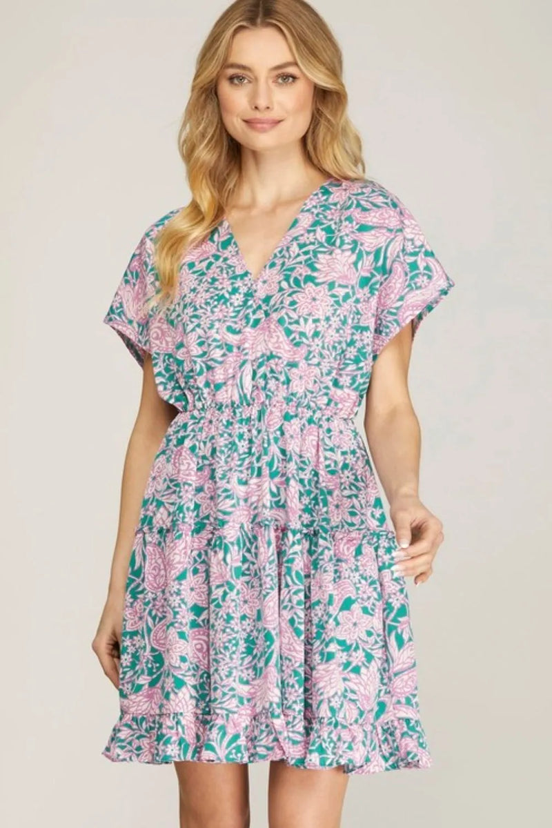 Ruffled Hem Printed Surplice Kimono Sleeve Mini Dress
